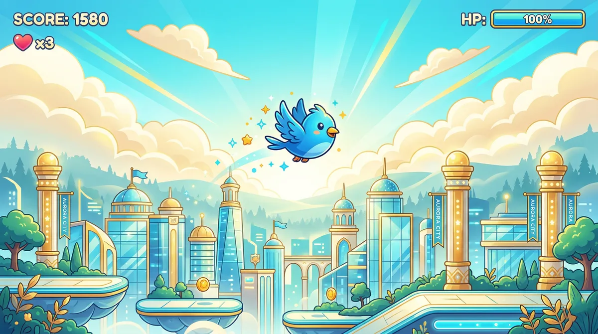 Colourful 2D bird flying through bright glossy pillars in a city skyline, Chirri Urri advergame for Olper's Breakfast